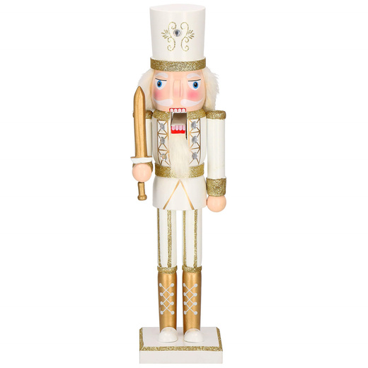 Dziadek do orzechów 38 cm z mieczem, drewniany żołnierzyk kremowo-złoty, figurka świąteczna