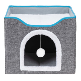 Legowisko dla kota z zabawką i drapakiem 42x41x34 cm koci domek, posłanie szare
