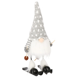 Skrzat na nartach 34 cm ozdoba świąteczna, ruchomy krasnal świąteczny, gnom szary