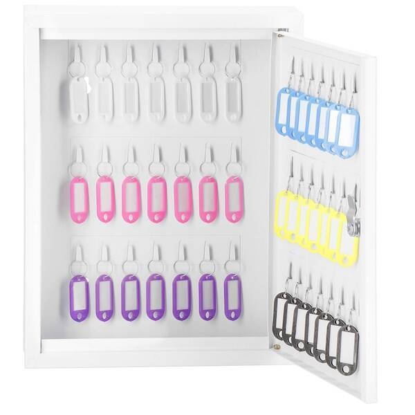 Skrzynka na klucze z 42 zawieszkami, metalowy sejf, kasetka biała