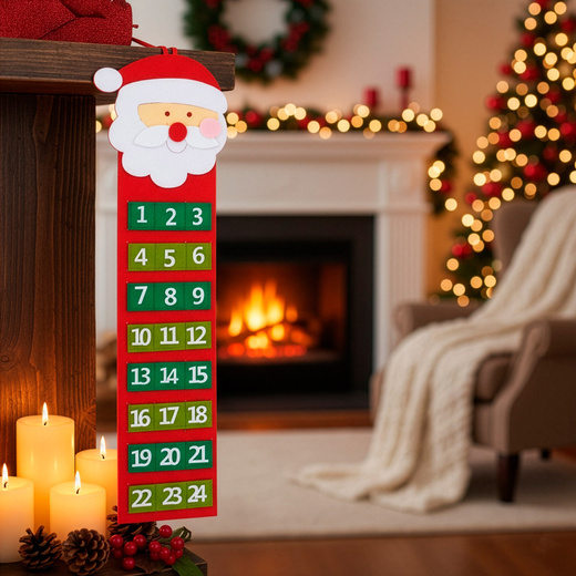 Kalendarz adwentowy, wiszący z 24 przegródkami Mikołaj, dekoracja świąteczna, filc, multikolor