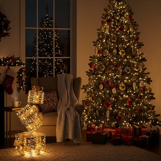 Dekoracja świąteczna LED prezenty pod choinkę 74 cm 160 diod biały ciepły