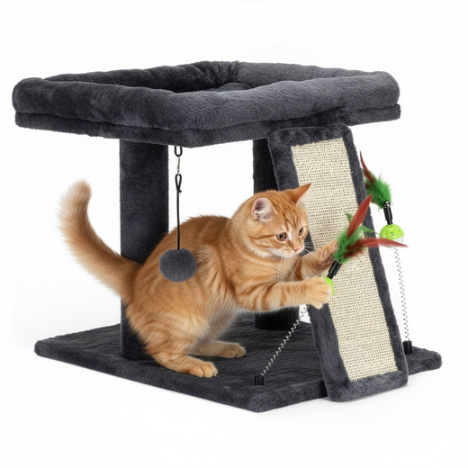Drapak dla kota, dwa poziomy, legowisko z drabinką i sizalem do drapania, grafitowy
