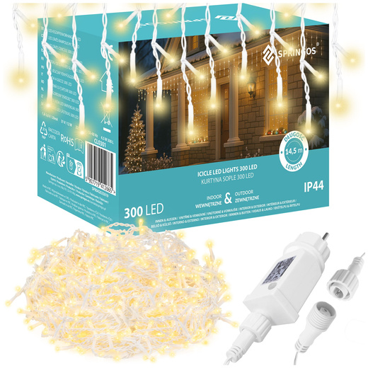 Kurtyna świetlna 300 led girlanda, lampki wewnętrzno-zewnętrzne sople ciepły biały