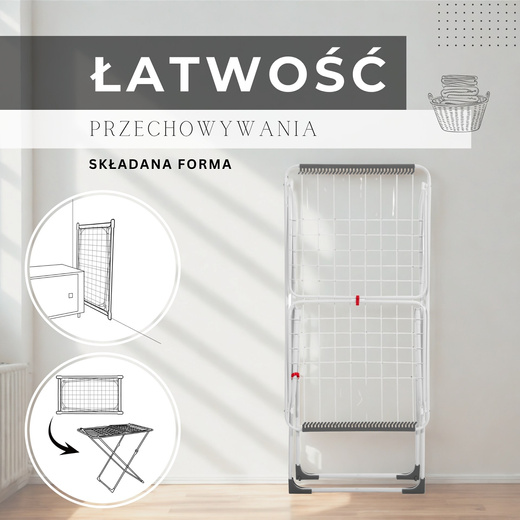 Suszarka na pranie składana teleskopowa na ubrania, bieliznę, z wbudowanymi haczykami