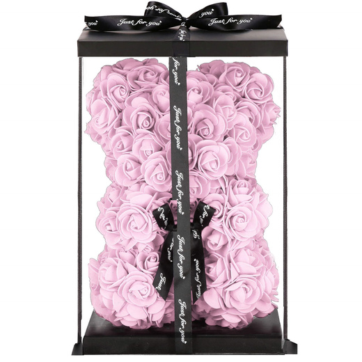 Miś z płatków róż 22 cm rose bear z kokardką i opakowaniem różowy
