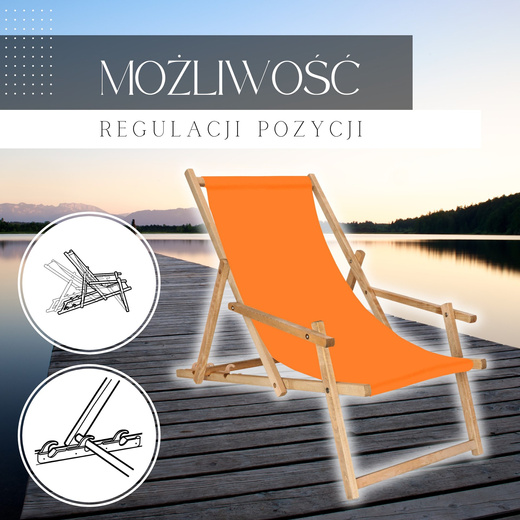 Leżak ogrodowy z podłokietnikami, drewniany z 3-stopniową regulacją, plażowy, pomarańczowy