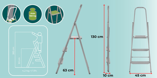 Drabina stalowa składana 3-stopniowa wys. 123 cm antypoślizgowa do 150 kg domowa