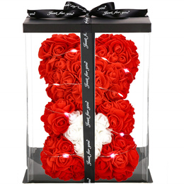 Miś z płatków róż czerwony z sercem, 22 cm rose bear z lampkami LED biały zimny