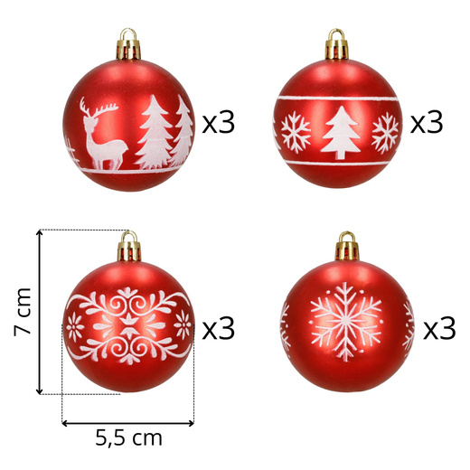 Bombki choinkowe 7 cm 12 szt. zestaw ozdoby świąteczne zdobione półmatowe, czerwone białe