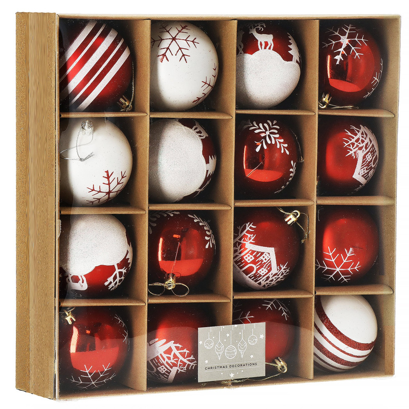 Bombki choinkowe 16 szt. czerwony 8 cm zestaw choinkowy