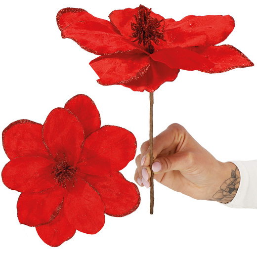 Sztuczna magnolia gałązka kwiat czerwony z brokatem