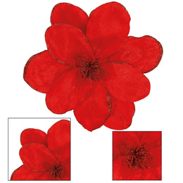 Sztuczna magnolia gałązka kwiat czerwony z brokatem