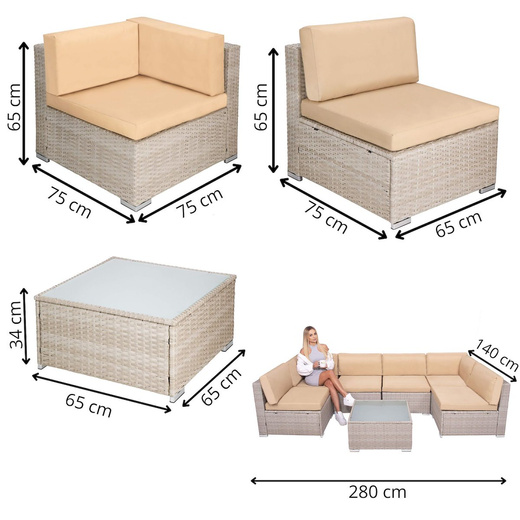 Meble ogrodowe zestaw modułowy technorattan stolik kawowy i 6 modułów beżowy