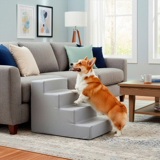 Schodki dla psa do łóżka 40 cm podest, rampa 4-stopniowa, szara