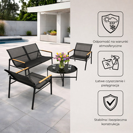 Meble ogrodowe, zestaw dla 4 osób sofa, krzesła, stolik metalowe, czarne
