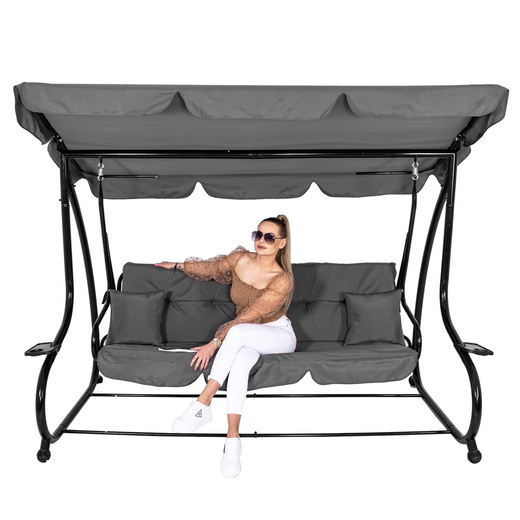 Huśtawka ogrodowa linda 4 osobowa 300 kg stalowa z regulowanym daszkiem szara