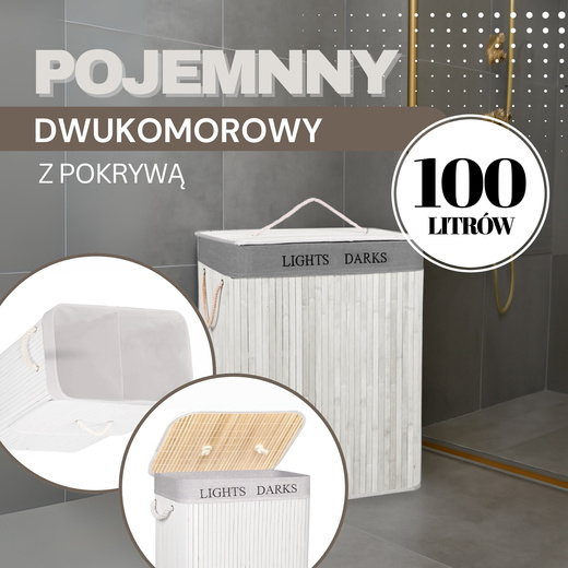 Kosz na pranie 100L z pokrywą biały bambus