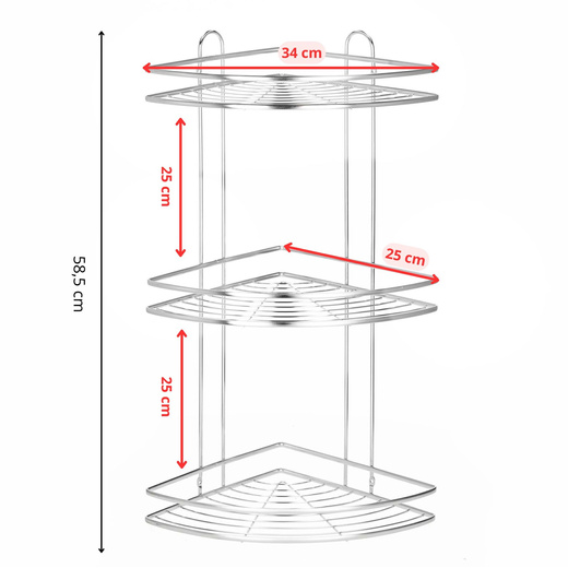Półka łazienkowa narożna pod prysznic 3 poziomy, wisząca, srebrna