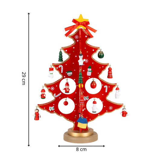 Choinka drewniana świąteczna 29 cm z figurkami dekoracja bożonarodzeniowa czerwona