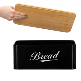 Chlebak metalowy, zamykany z bambusową deską, pojemnik na pieczywo, czarny
