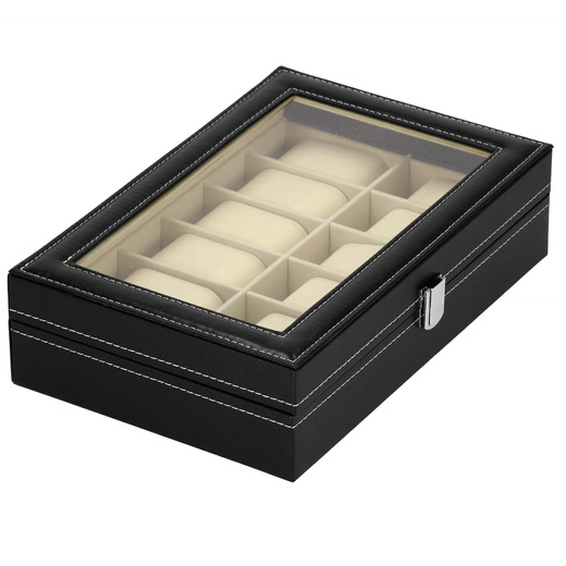 Szkatułka na zegarki 30x20x8 cm czarno-kremowa, ekoskóra organizer z 12 przegródkami