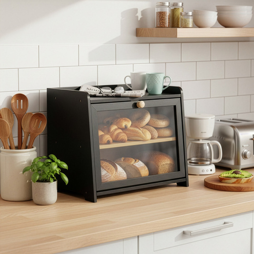Chlebak bambusowy duży zamykany dwupoziomowy z okienkiem szafka na pieczywo czarna