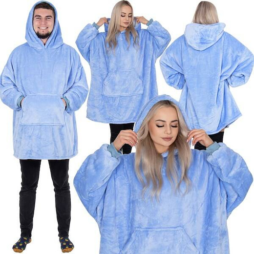 Kocobluza damska męska oversize koc bluza 2w1 z kapturem XXL ciepła jasnoniebieska