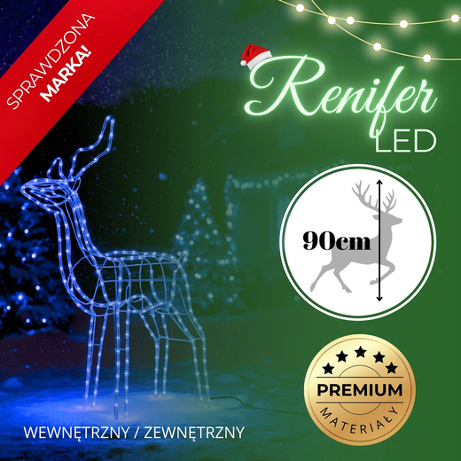 Renifer Led 90 cm świąteczny, świetlna dekoracja do ogrodu niebieski