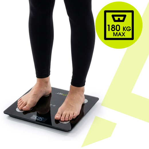 Waga łazienkowa, elektroniczna 180 kg szkło hartowane, LCD, z bluetooth, aplikacją czarna