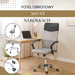 Fotel biurowy obrotowy krzesło na kółkach, do nauki, pracy przed komputerem szaro-czarne