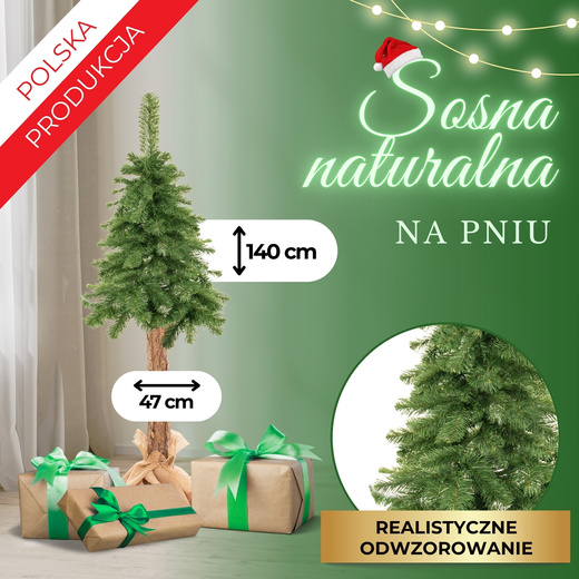 Choinka na pniu 140 cm sztuczna sosna, drzewko bożonarodzeniowe