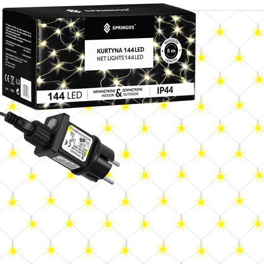 Kurtyna świetlna ciepły biały 144 Led lampki wewnętrzno-zewnętrzne siatka z programatorem