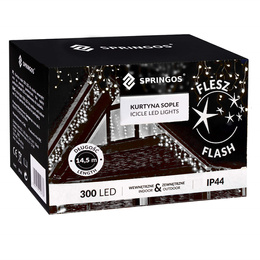 Kurtyna świetlna 300 led girlanda, lampki wewnętrzno-zewnętrzne 15,5 m sople biały zimny + flash