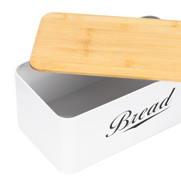 Chlebak metalowy, zamykany z bambusową deską, pojemnik na pieczywo, biały