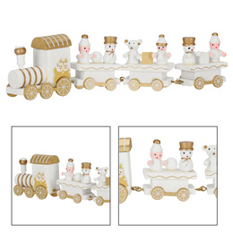 Drewniany pociąg z wagonikami, dekoracja, ozdoba świąteczna, wystrój wnętrz biało-złoty