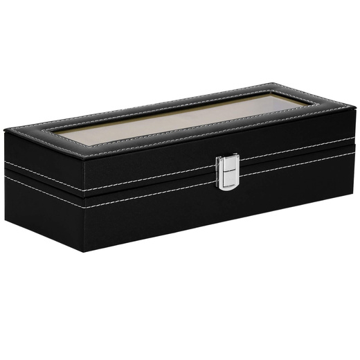 Szkatułka na zegarki 30x11x8 cm czarno-kremowy, ekoskóra organizer z przegródkami i okienkiem