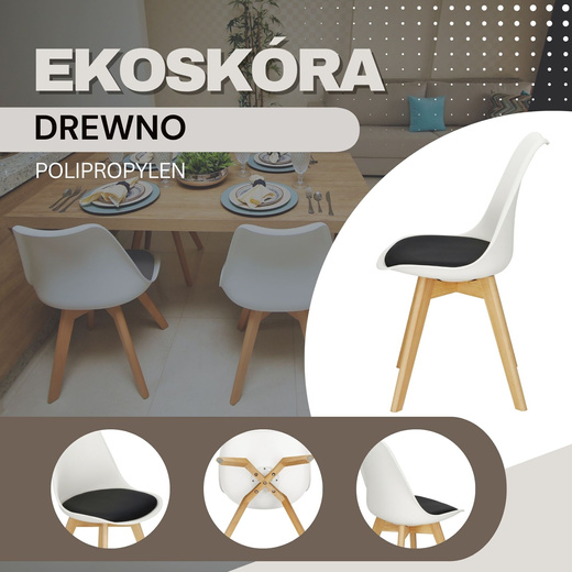Krzesło skandynawskie do kuchni salonu jadalni Verde ekoskóra biało-czarne