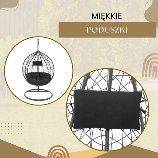 Kokon ogrodowy rattanowy z poduszkami fotel wiszący bujak huśtawka na metalowym stelażu szara