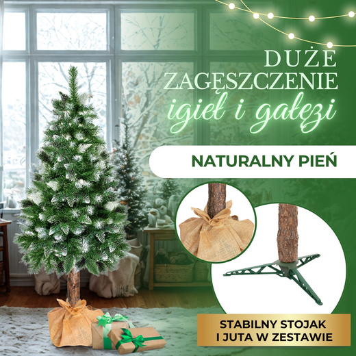 Choinka na pniu 140 cm sztuczna sosna diamentowa ośnieżona premium ze stojakiem i jutą