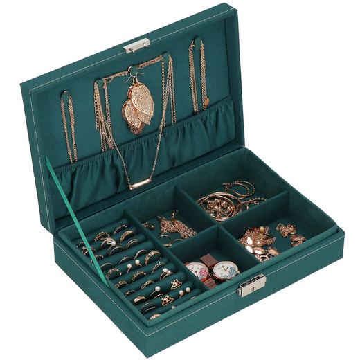 Szkatułka na biżuterię 28x19,5x7 cm zielony welurowy organizer z przegródkami