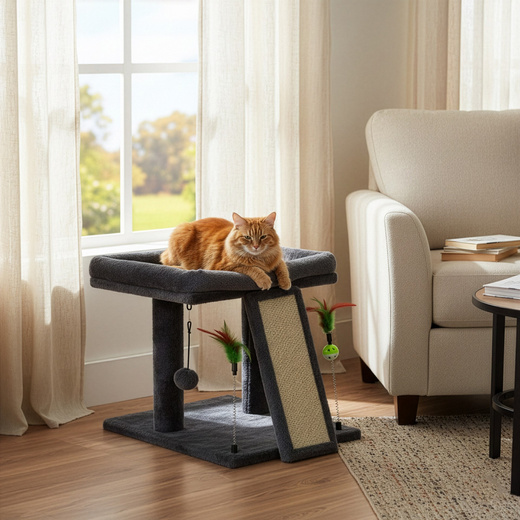 Drapak dla kota, dwa poziomy, legowisko z drabinką i sizalem do drapania, grafitowy