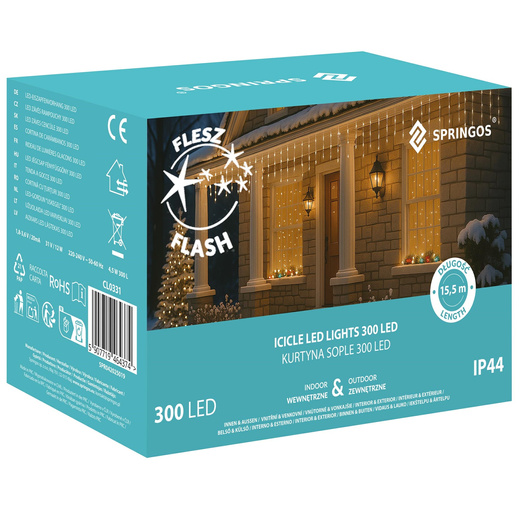 Kurtyna świetlna 300 led girlanda, lampki wewnętrzno-zewnętrzne sople biały ciepły + flash