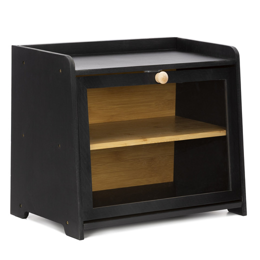 Chlebak bambusowy duży zamykany dwupoziomowy z okienkiem szafka na pieczywo czarna