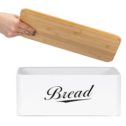 Chlebak metalowy, zamykany z bambusową deską, pojemnik na pieczywo, biały