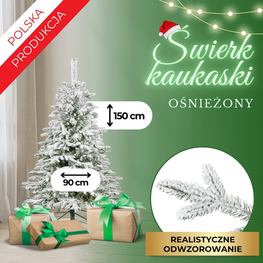 Choinka sztuczna 150 cm świerk kaukaski ośnieżony jak żywy, nowoczesny, ze stojakiem