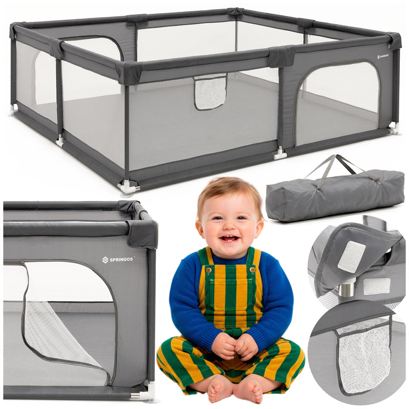 Kojec dla dzieci, zamykany 180x150x66 cm składany, turystyczny, szary