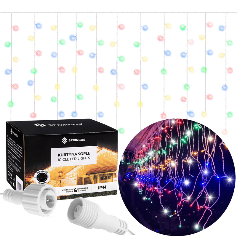 Kurtyna świetlna 500 led girlanda, lampki wewnętrzno-zewnętrzne sople multikolor z zimnym białym flash