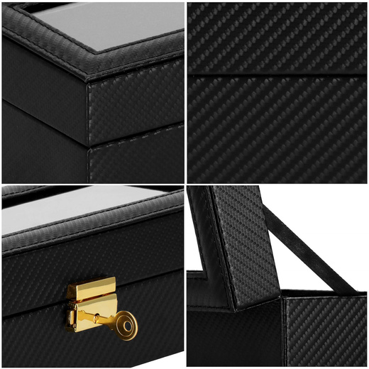 Szkatułka na zegarki 30x11x8 cm czarna ekoskóra organizer z 6 przegródkami