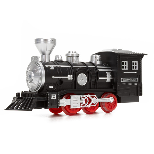 Pociąg z wagonami dla dzieci z mgiełką i dźwiękami, lokomotywa parowa z torami na baterie